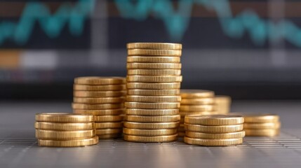 Stacked gold coins representing wealth and investment with blurred financial chart in the background depicting market trends and economic performance