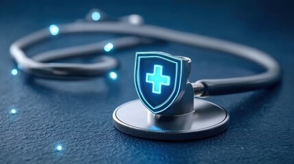 Digital Health Protection Concept with Stethoscope and Shield Emblem Representing Medical Security and Assurance in Healthcare Services