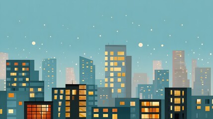 Naklejka premium Digital Illustration of an Urban Cityscape at Night with Snow Falling in a Winter Scene