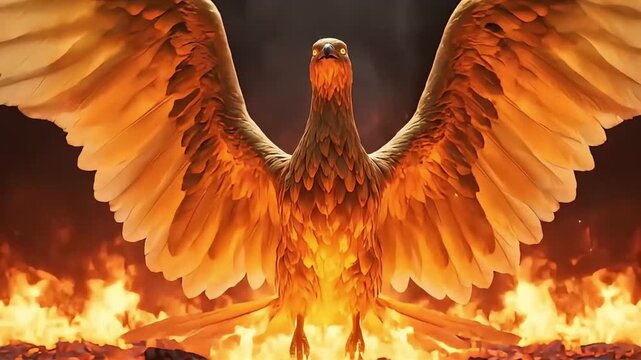 Powerful Phoenix with Glowing Eyes Spreads its Wings, Rising from a Blazing Inferno
