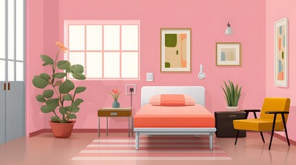 Fototapeta premium Cozy Minimalist Bedroom Interior Design Featuring Pink Walls and Modern Furniture