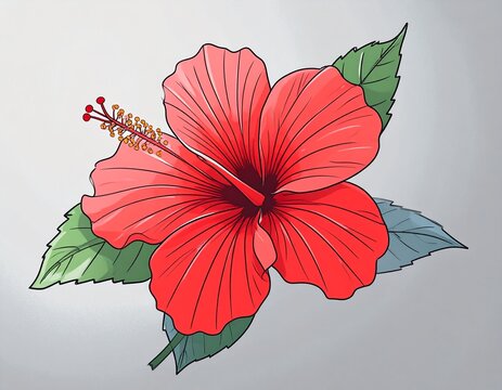 cartoon style red hibiscus with leaves