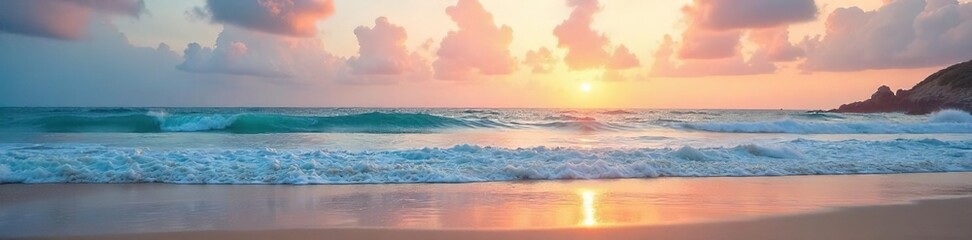 Obraz premium Serene beach scene at sunrise, soft pastel colors paint the sky above the tranquil ocean waves and sandy shore Perfect for travel, vacation, or relaxation themes , seascape, escape, landscape