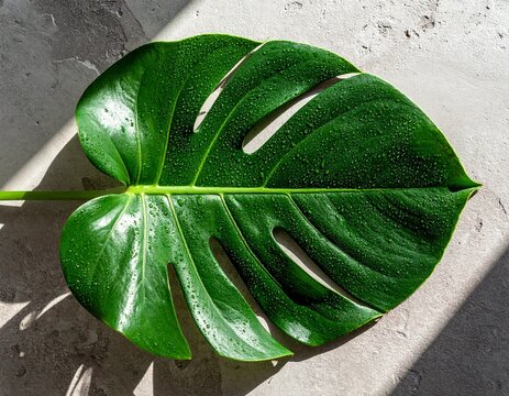 Fototapeta Top view of a large, dew-covered monstera leaf on a textured stone background with soft sunlight. Ideal for home decor, wellness, and botanical themes