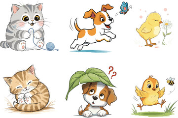 Cute Cartoon Animals Collection, Playful Cat, Dog, Bird, and Chick Illustrations, Fun Pet Designs for Kids, Nursery Art