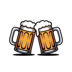 Two frothy beer mugs clinking together celebrating a toast isolated on transparent background
