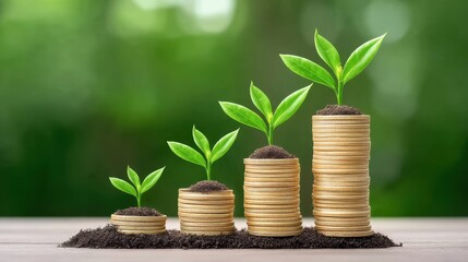 Growth of Nature and Finance with Green Plants Emerging from Stacks of Coins on Soft Background Representing Prosperity and Sustainability