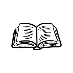 Open book illustration with visible pages and cover in black and white doodle style isolated on white background