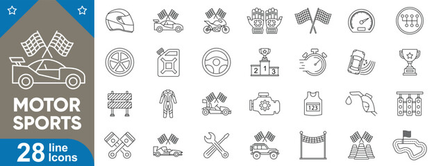 Motorsports line icons set. Racing, formula one, motorcycle, rally, drift, drag, pit stop, car race, trophy, speed and more vector illustration.