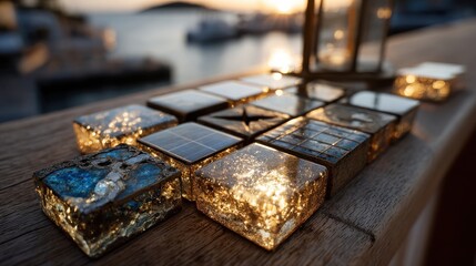 Symbolic design of sustainable energy access with small solar panels on wooden rail in sun.