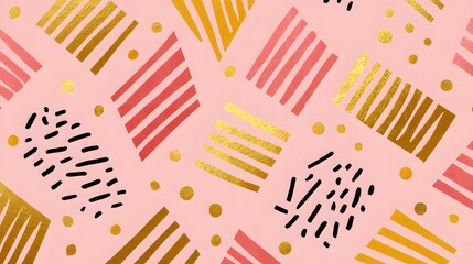 Colorful Abstract Geometric Pattern with Stripes and Dots on a Pink Background