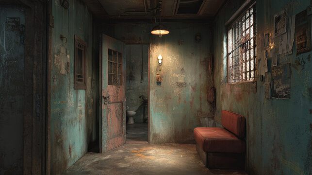 Abandoned jail interior with rusty walls, an open cell door, barred window and dim industrial light - Powered by Adobe