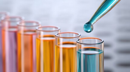 Colorful Liquid Drop from Pipette into Glass Test Tubes for Scientific Experiments in Laboratory Environment with Blurred Background