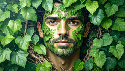 Human face morphing into lush green canopy, eco conscious branding visual, surrounded by vibrant ivy leaves, nature inspired, environmental harmony, serene expression