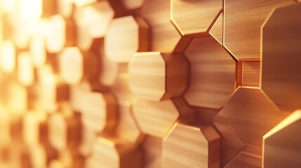 Close up of a golden hexagonal pattern with soft lighting and shallow depth of field creating bokeh effect