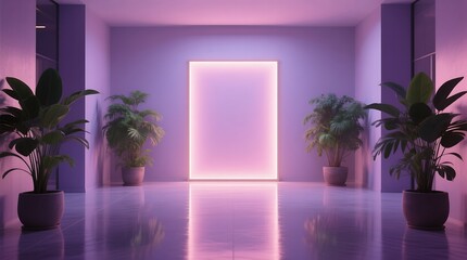 Purple neon mockup frame in a minimalist interior with plants, showcasing a blank rectangle in a vibrant, modern setting.