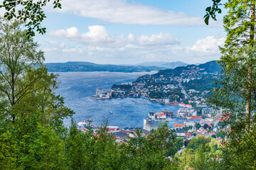 Naklejka premium View of Bergen rooftops and a fjord, Norway.