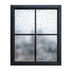 A window with raindrops on it, reflecting a blurred view of a building.