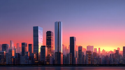 Fototapeta premium Vibrant City Skyline at Sunset with Modern Skyscrapers and Reflections on Water