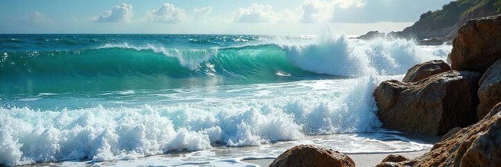 Obraz premium Ocean waves crashing on a rocky shore, sea foam, sunlight reflecting on the water Dramatic coastal scene with powerful waves and textured rocks , green water, nature