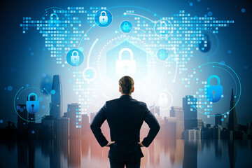 Businessman facing digital padlock icons over global map with city skyline, symbolizing cybersecurity, cloud protection, and data privacy systems.