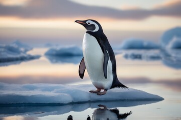 Obraz premium Majestic penguin stands proudly on icy floe during serene Antarctic sunrise, capturing wild beauty.