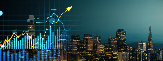 Financial growth chart with skyline overlay showing upward trend in urban investment and stock market performance concept at night.