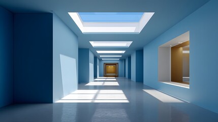 Fototapeta premium Modern Interior Design Featuring Bright Blue Walls and Natural Light Through Skylights