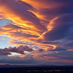 Fototapeta premium Dramatic Sunset Sky with Fiery Clouds Over Distant Mountains