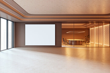 Modern corporate boardroom with round meeting table and blank wall mockup in minimalist office interior with warm lighting and glass partition wall. 3D Rendering