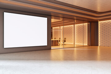 Modern office hallway with blank billboard and view into stylish conference room through glass walls and illuminated contemporary interior design. 3D Rendering