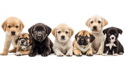 A group of seven puppies of different colors and breeds, sitting on a white background.