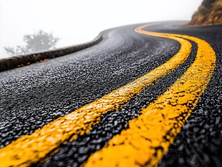 Winding Asphalt Road with Yellow Lines on Foggy Day