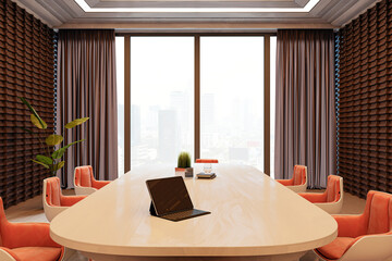 Modern executive boardroom with city view, showcasing sleek furniture, large window, and bright contemporary interior design concept. 3D Rendering
