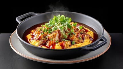 Fototapeta premium Delicious Thai Oyster Omelette with Crispy Egg Batter, Bean Sprouts, and Fresh Chives, Garnished with Herbs