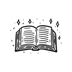 Illustration of an open book with visible pages and a spine surrounded by sparkles and dots design