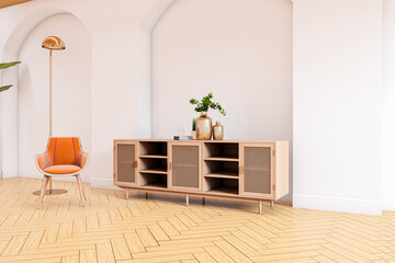 Modern empty living room interior with wooden cabinet, orange chair, and decorative vases in a bright contemporary space. 3D Rendering