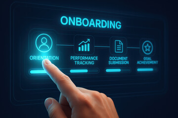 Fototapeta premium Onboarding process with digital interface showing orientation and performance tracking steps