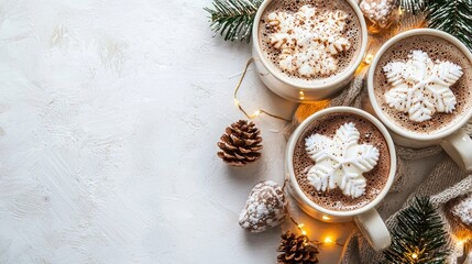 Three white mugs filled with hot chocolate and topped with marshmallows and snowflake-shaped marshmallows
