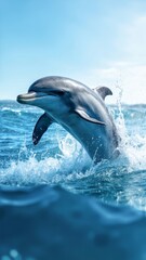 Fototapeta premium Exuberant Dolphin Leaping from the Ocean on a Sunny Day. An incredible vertical image of a dolphin leaping out of the water, captured in a moment of pure joy and energy. The dolphin's sleek body is ar