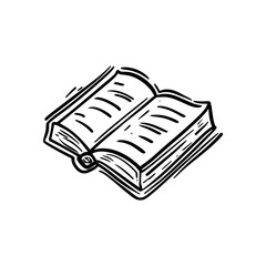 Illustration of an open book with visible pages and a spine in a black and white drawing style