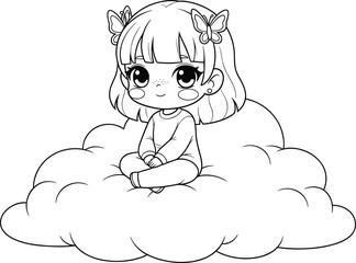 Chibi girl on cloud, black and white vector, cute cartoon character, butterfly hairpins, hand-drawn style, dreamy pose, kawaii illustration art