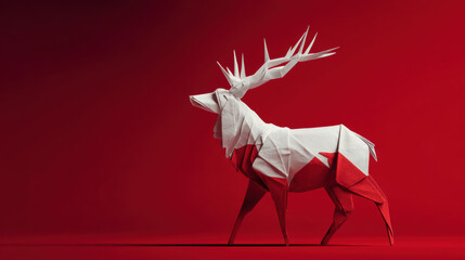 Elegant white and red origami deer sculpture with modern geometric design, artistic craftsmanship, decorative paper art, and contemporary wildlife-inspired decor for stylish interiors