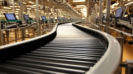 A conveyor belt in a factory with many machines and computers