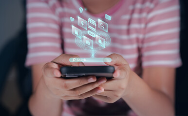 Woman using mobile smartphone with E-commerce technology icon on virtual global internet network, online retail shopping digital app.