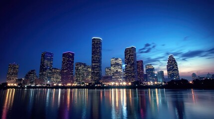 Fototapeta premium Houston skyline at dusk with the city lights reflecting on the water.