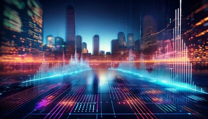 abstract digital financial data display with blurred city lights in background