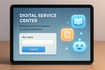 Digital service center form on tablet screen with icons for assistance and submission