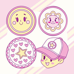 Round badge sticker pack in gift shop kawaii style, pastel neon palette