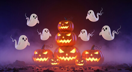 3D Halloween Wallpaper Background | Glowing Pumpkins and Floating Ghosts with Foggy Night Scene